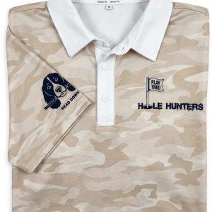 HEAD DOWN – HOLE HUNTERS Mens short sleeve Performance Polo (Tan)